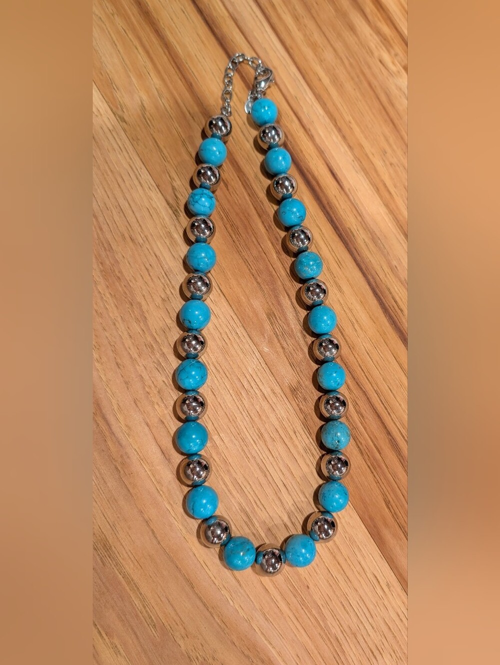 Turquoise Blue Beaded Necklace with Silvertone Accent Beads